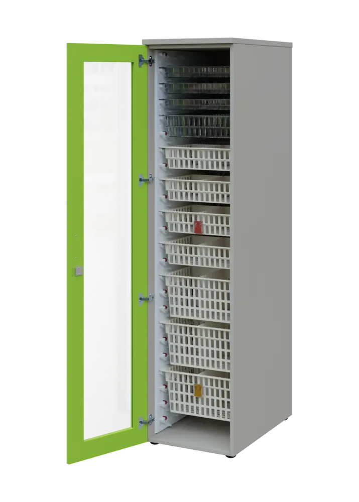 EUROMEDICA S - 46 skříň léková boxová, 1-dveřová/prosklená, levá, 1950x460x735, korpus šedý, dvířka jarní zeleň